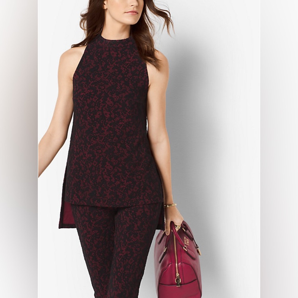 2-Piece Michael Kors Lace Jacquard Matching Set | Tunic + Trousers | Black/Red